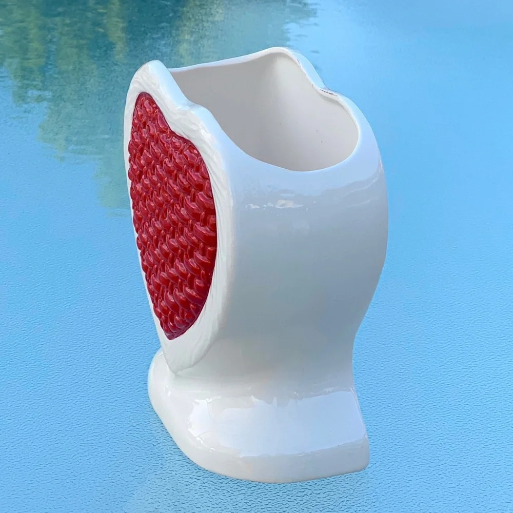 Ceramic White with Red Basket Weave Heart-Shaped Planter Vase